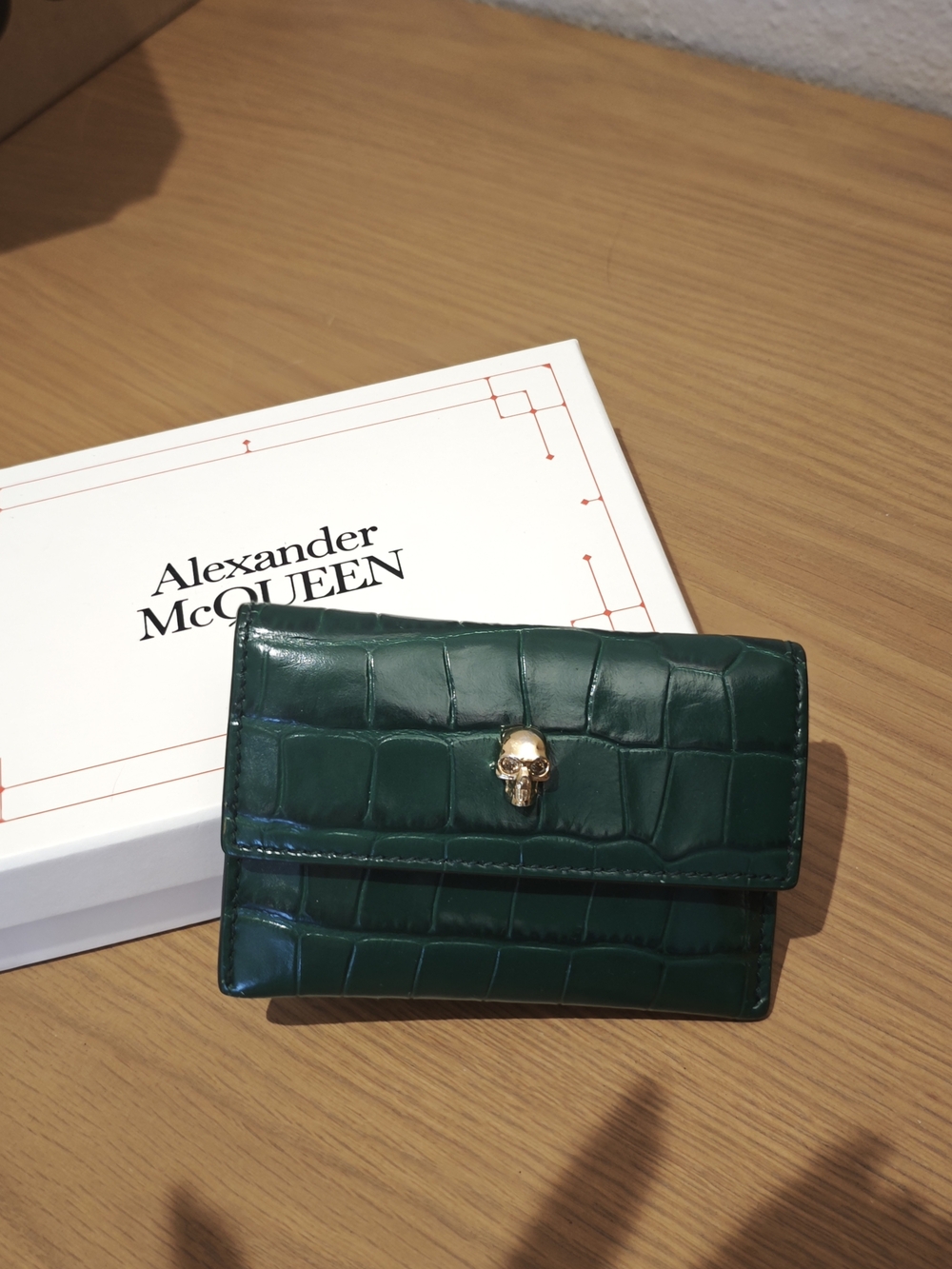 Alexander McQueen Green Croc-Embossed Leather Skull Wallet